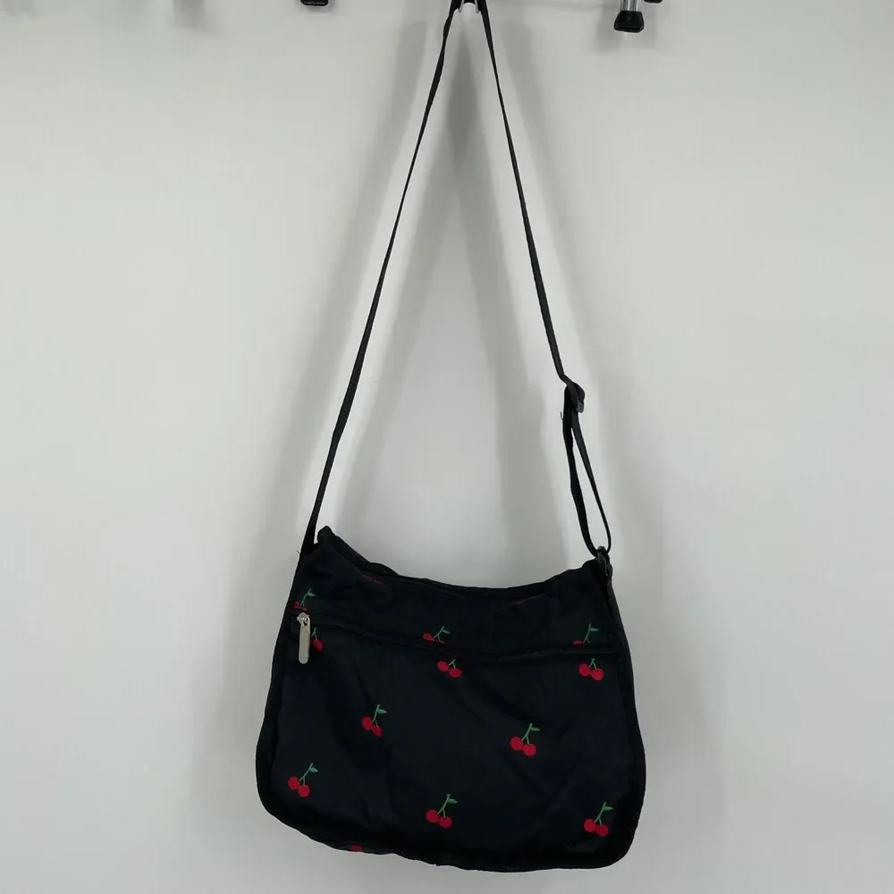 LeSportsac HTF Red Cherries Embroidered Shoulder Bag Purse Clean Black - Picture 3 of 10